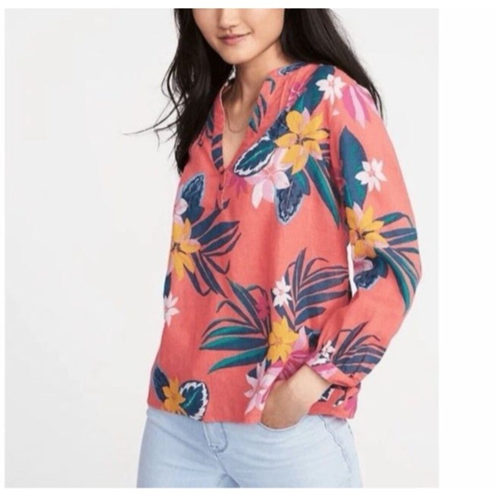 Old Navy Linen Blend Top Women's XL Floral Hawaiian Resort Tropical Coral